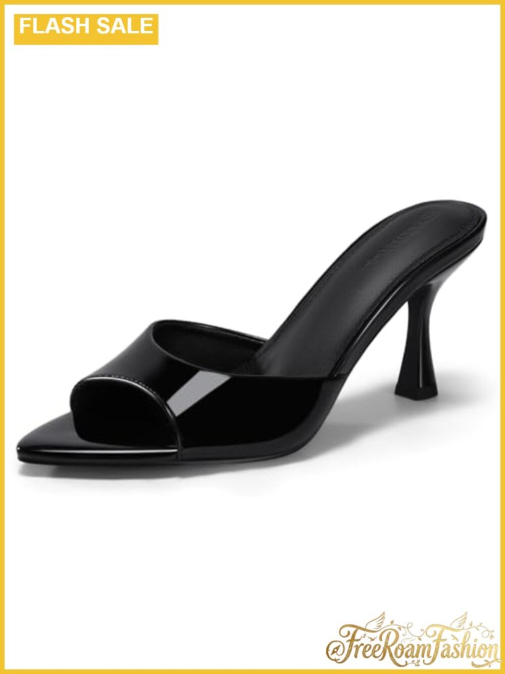 Faux Patent Leather Pointed Toe Kitten Heel Mule Sandals